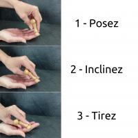 Explication en trois étapes de l'utilisation du Boulado visage sur les mains. Les trois étapes sont : poser, incliner et tirer.